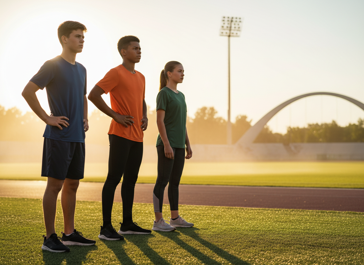 Four young athletes aged 15-17, two boys and two girls. Two are light-skinned and two are dark-skinned. All wearing sports gear, standing together on a sports field at golden hour. They look focused, confident and motivated. Cinematic wide landscape format, warm golden light, modern and inspiring mood.