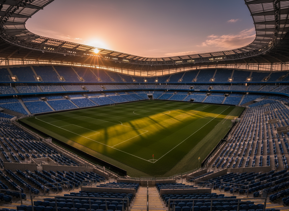 Empty football stadium at golden hour — dramatic cinematic lighting, wide angle, absolutely no people, lush green pitch, modern and inspiring atmosphere, high resolution and sharp